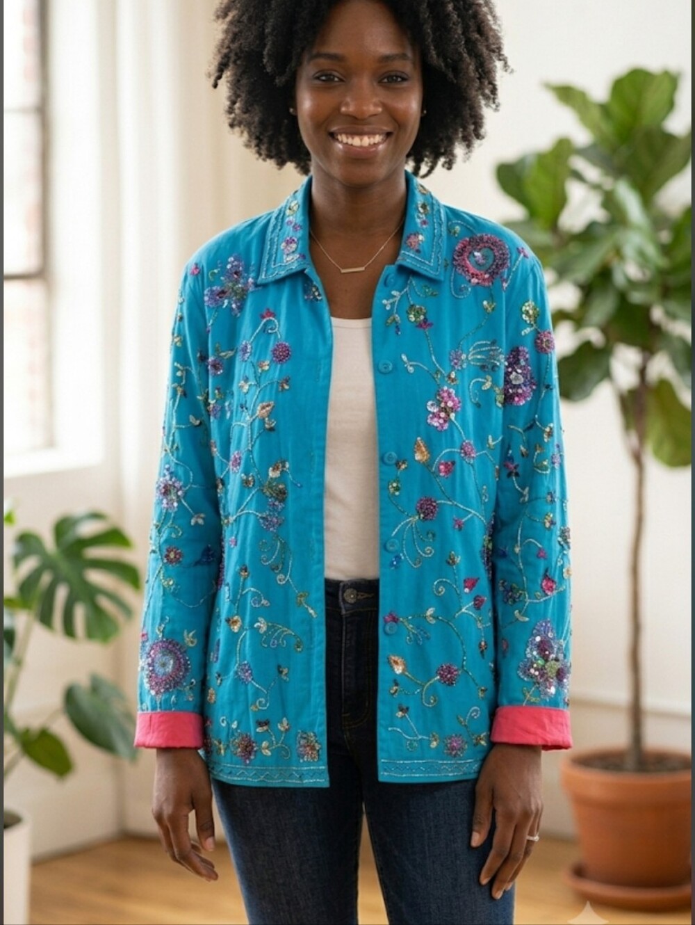 Embellished Turquoise Button-Up Jean Jacket with Pink Cuffs